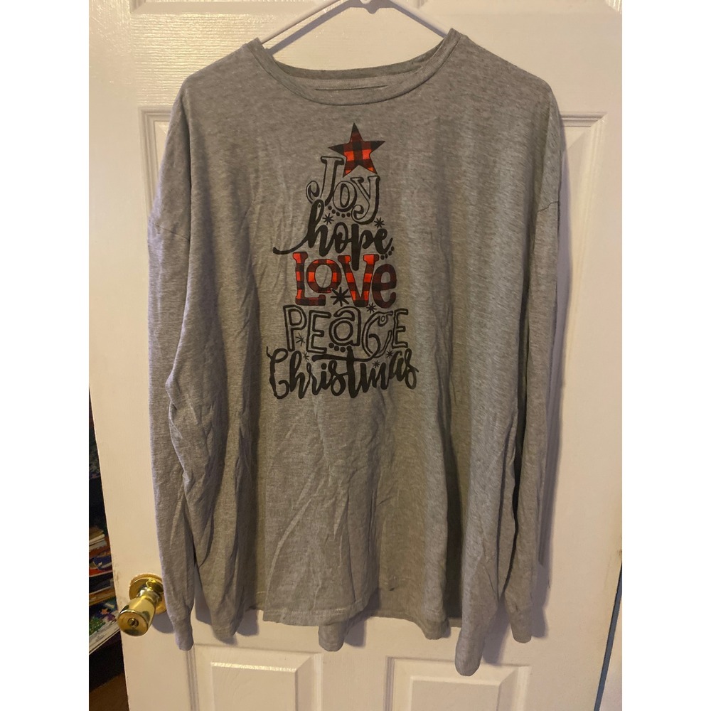 Love in Faith Gray Christmas Tree Graphic Long Sleeve Tee Shirt 3X Buffalo Plaid